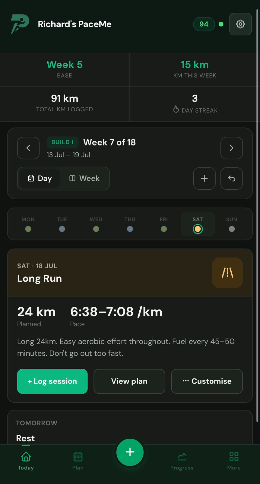 PaceMe app, today view in dark mode